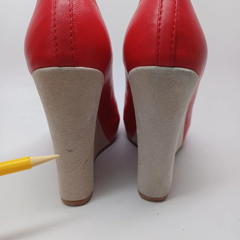 Jeffrey Campbell Nassau Last Red Leather Beige Suede Wedge Pumps Womens 7M